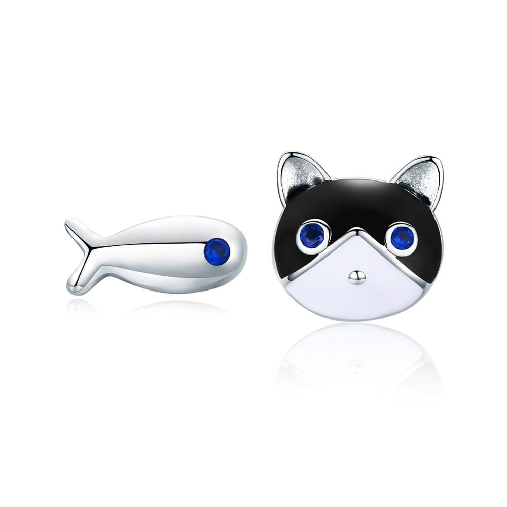 Sterling Silver Cat & Fish Stud Hypoallergenic Earrings