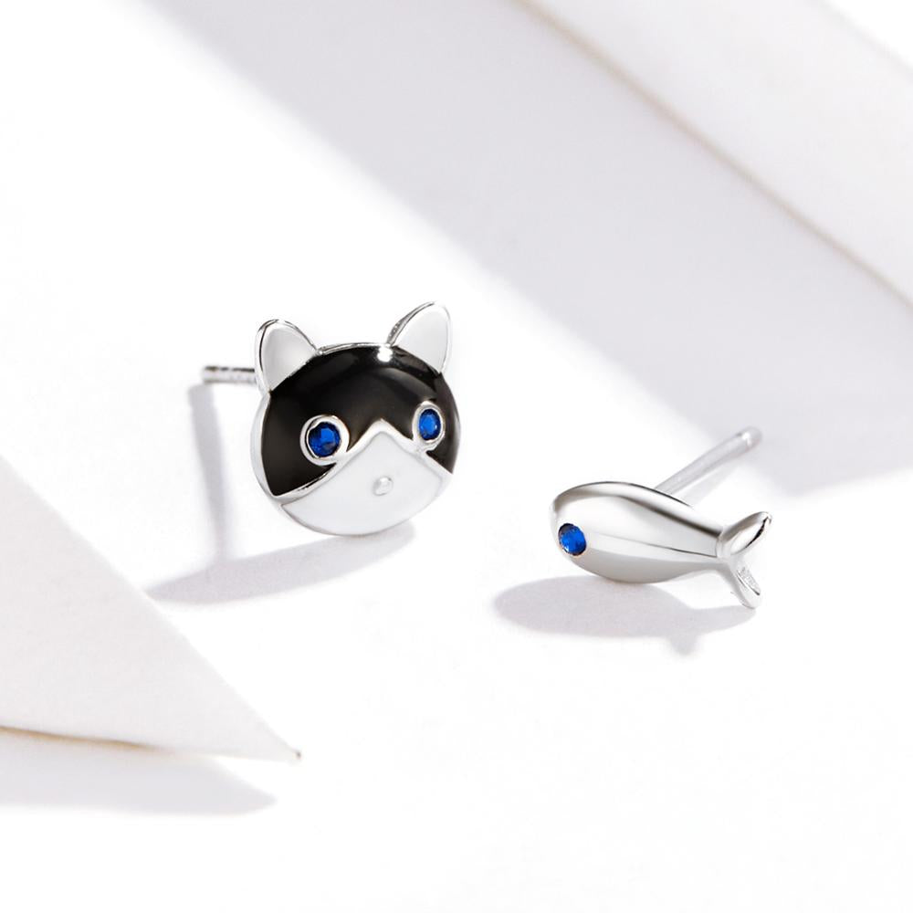 Sterling Silver Cat & Fish Stud Hypoallergenic Earrings