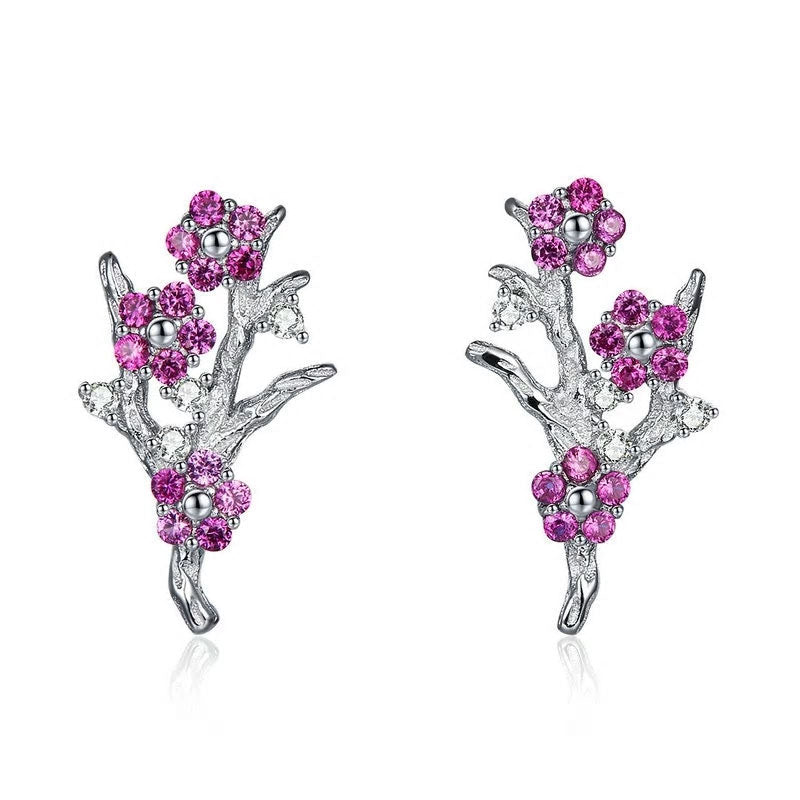 Sterling Silver Winter Blooming Plum Flower Stud Hypoallergenic Earrings
