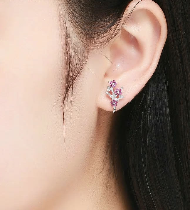Sterling Silver Winter Blooming Plum Flower Stud Hypoallergenic Earrings