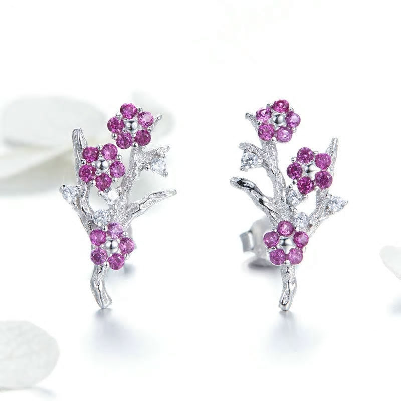 Sterling Silver Winter Blooming Plum Flower Stud Hypoallergenic Earrings