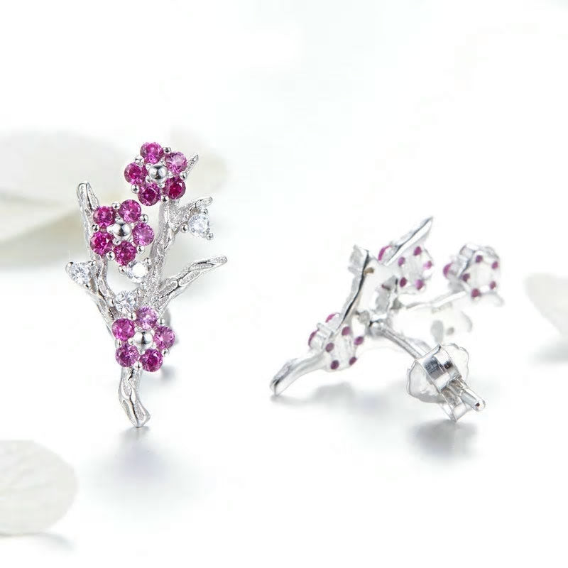 Sterling Silver Winter Blooming Plum Flower Stud Hypoallergenic Earrings