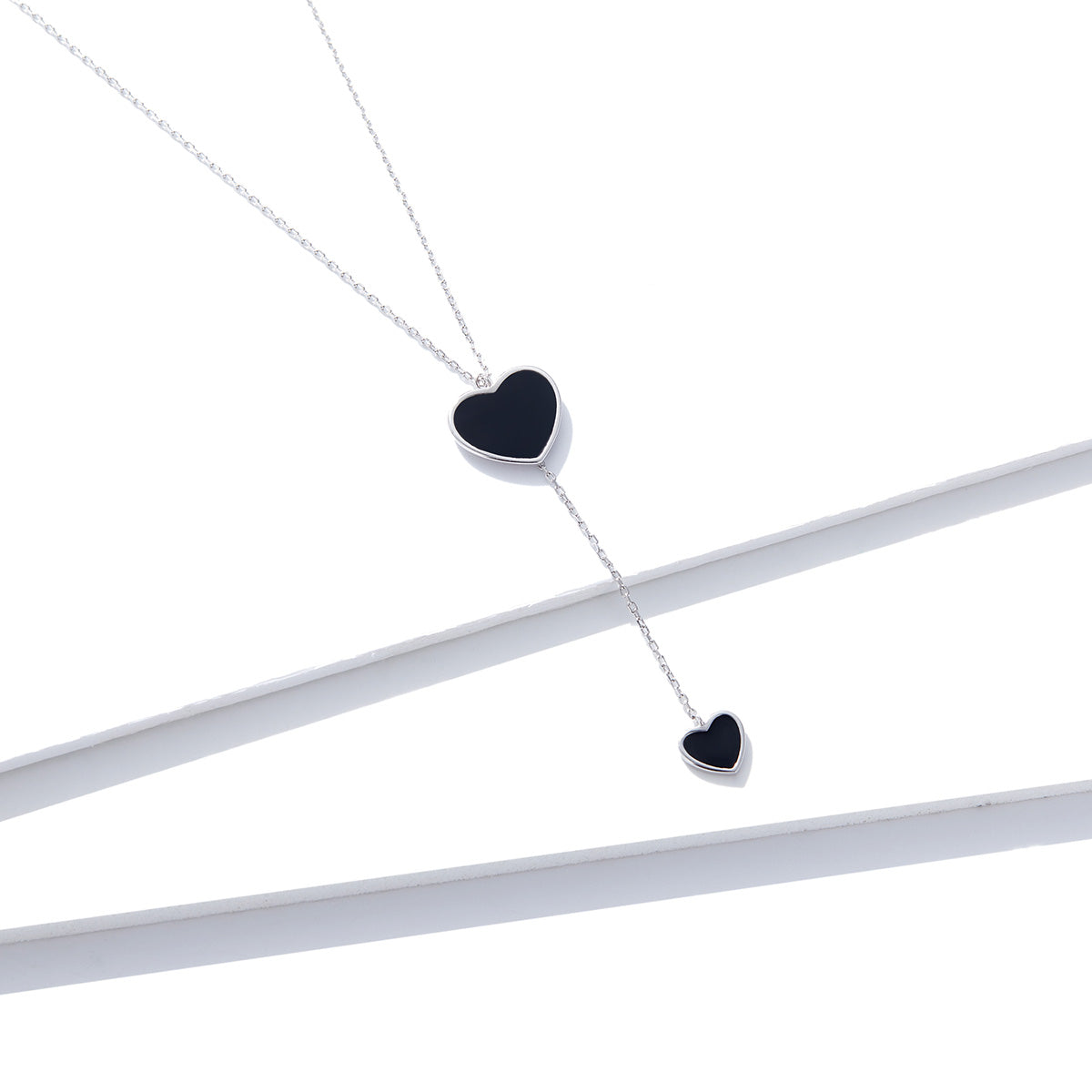 Sterling Silver Double Black Heart Adjustable Hypoallergenic Necklace