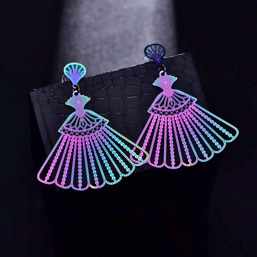 Stainless Steel Holographic Sectors Dangle Long Stud Earrings