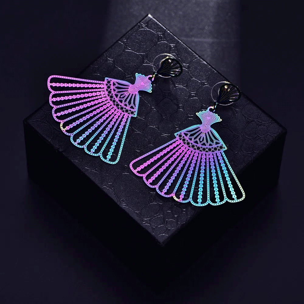 Stainless Steel Holographic Sectors Dangle Long Stud Earrings