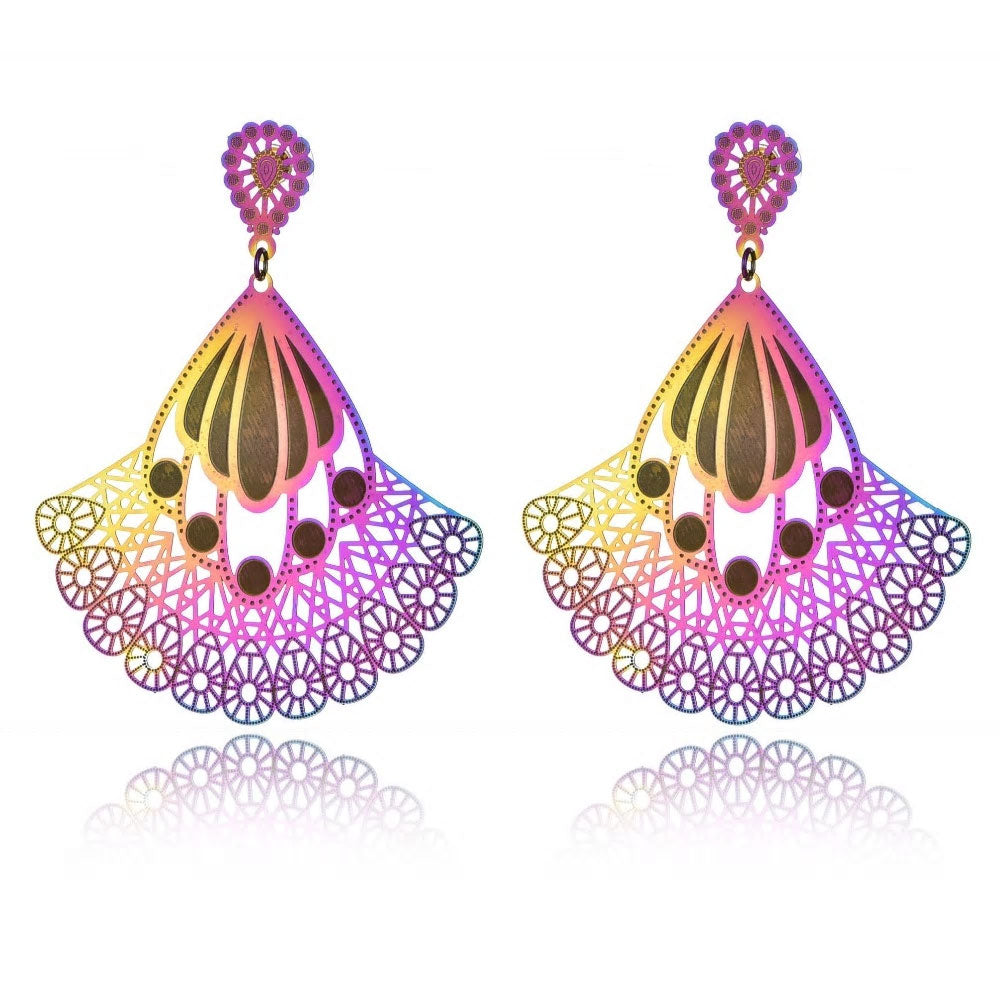 Stainless Steel Holographic Peacock Dangle Long Stud Earrings