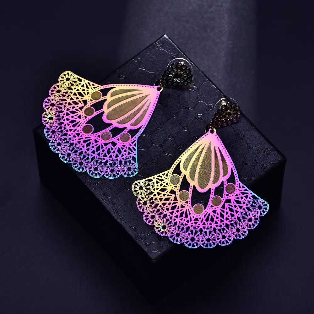 Stainless Steel Holographic Peacock Dangle Long Stud Earrings
