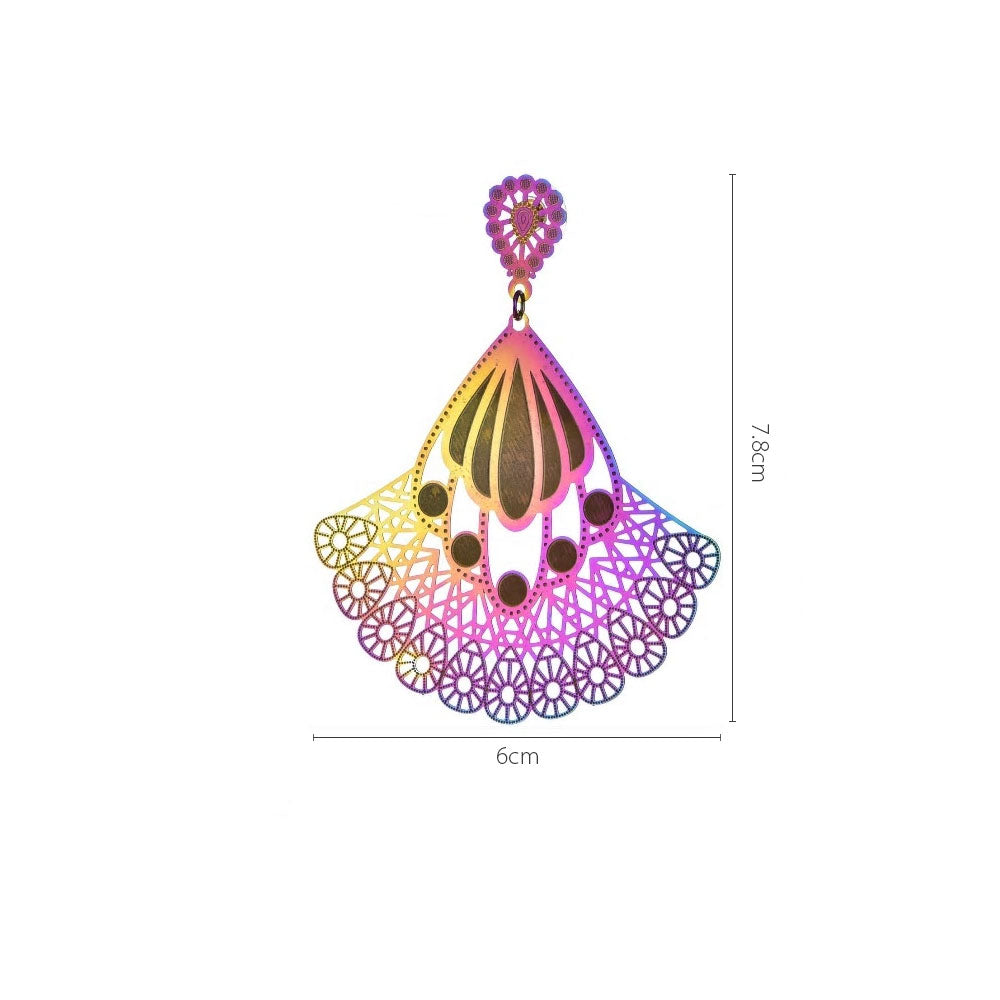 Stainless Steel Holographic Peacock Dangle Long Stud Earrings