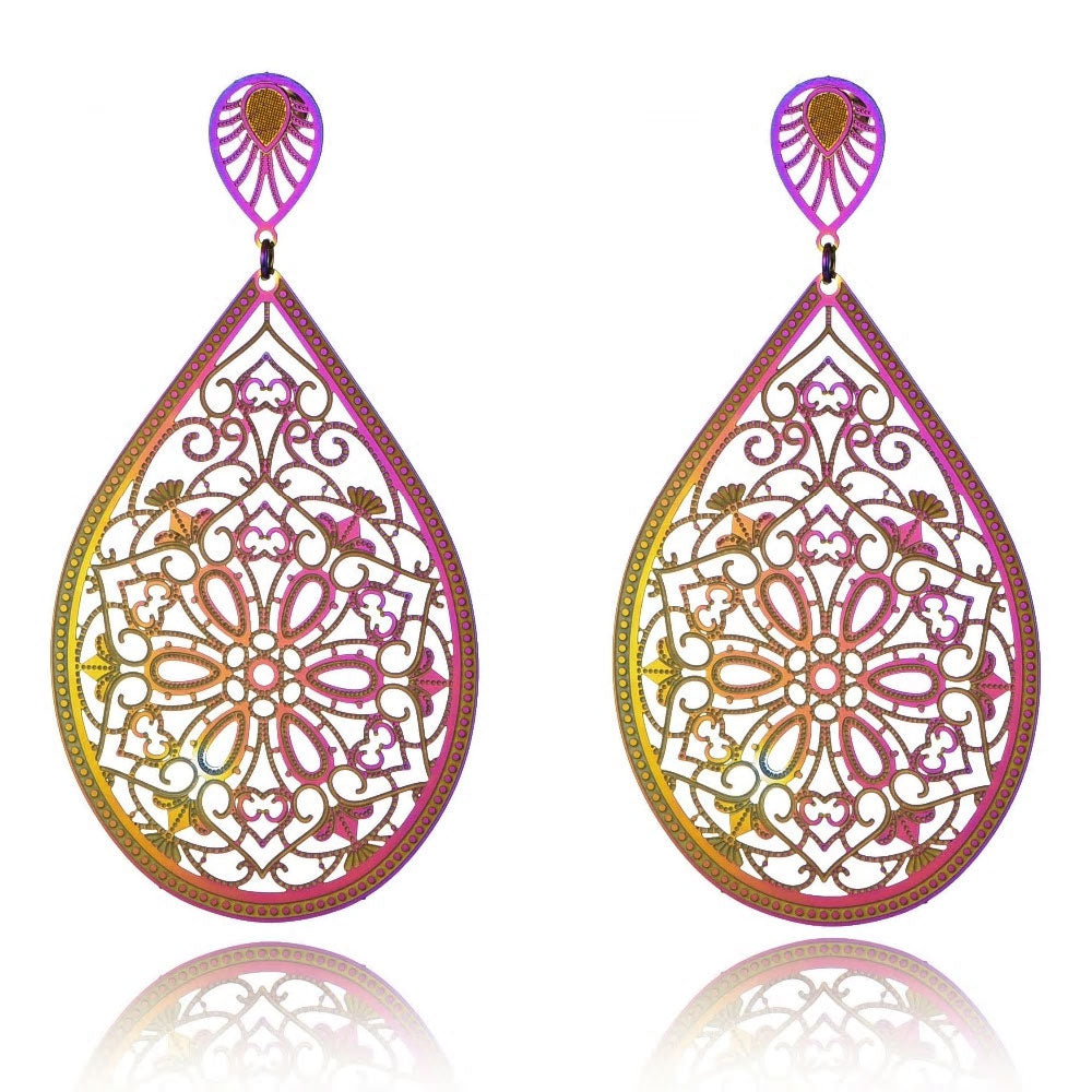 Stainless Steel Holographic Flower Dangle Long Stud Earrings