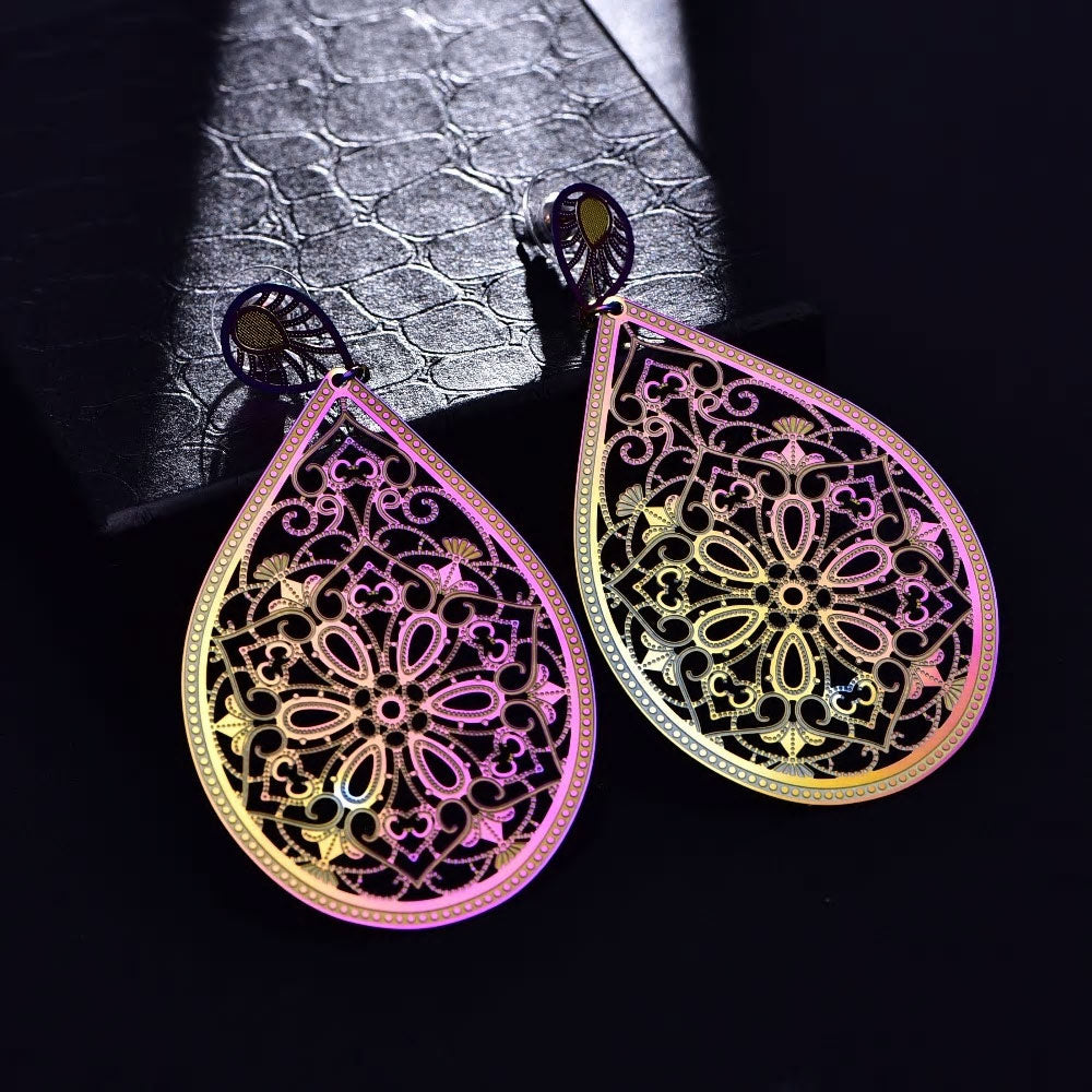 Stainless Steel Holographic Flower Dangle Long Stud Earrings