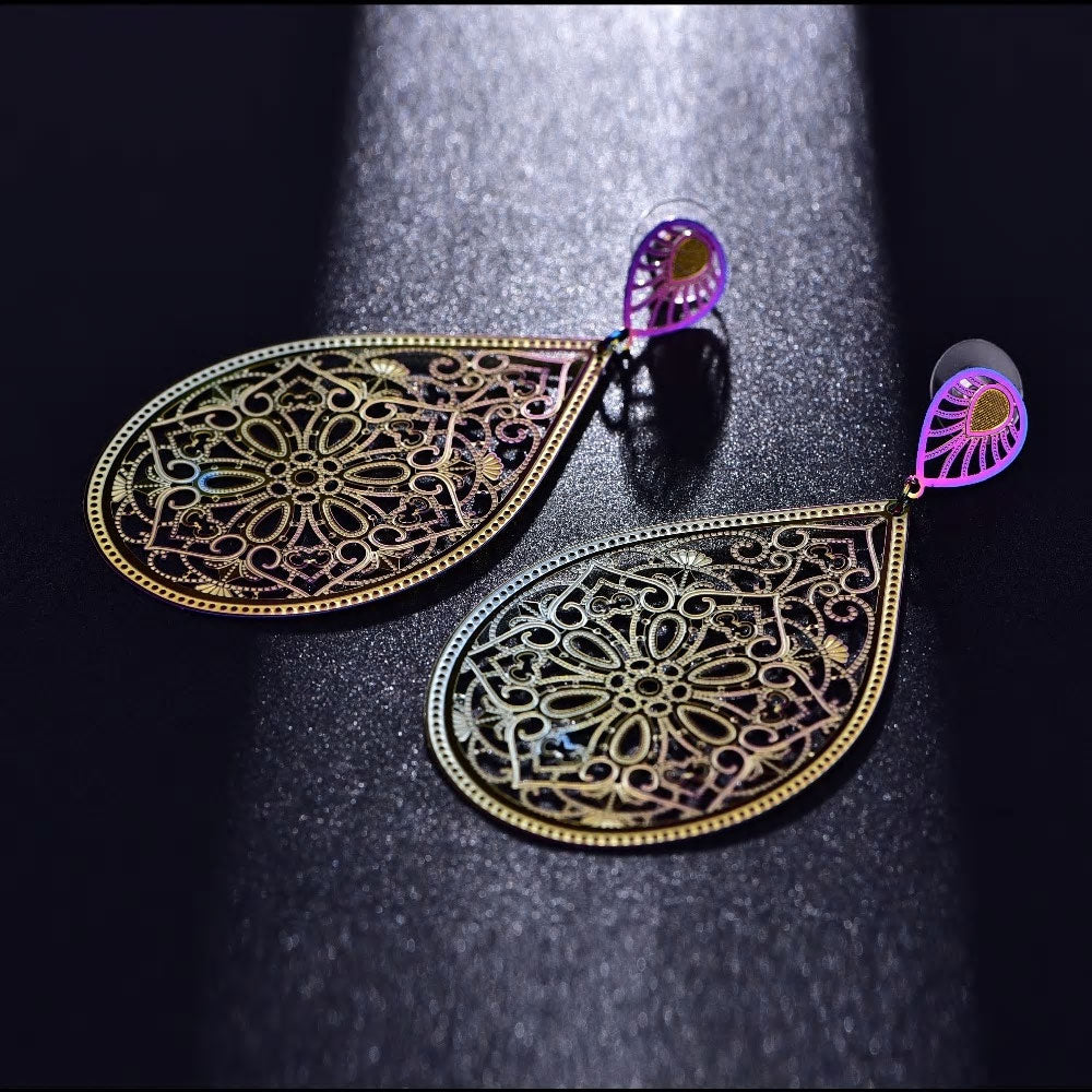 Stainless Steel Holographic Flower Dangle Long Stud Earrings