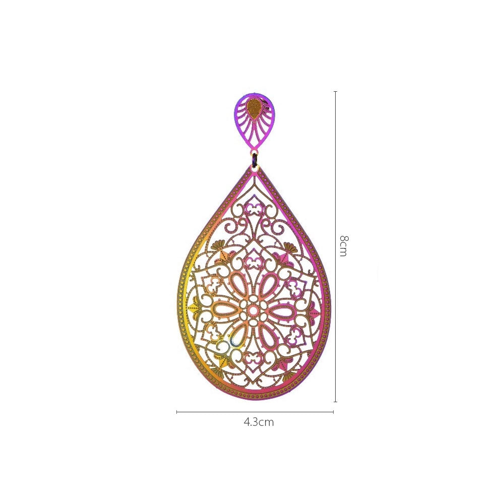 Stainless Steel Holographic Flower Dangle Long Stud Earrings