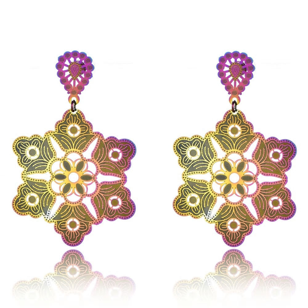 Stainless Steel Holographic Flowers Dangle Long Stud Earrings