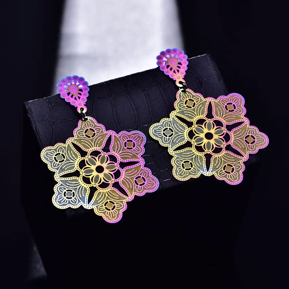 Stainless Steel Holographic Flowers Dangle Long Stud Earrings