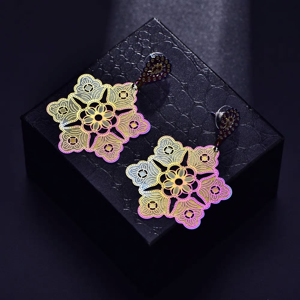 Stainless Steel Holographic Flowers Dangle Long Stud Earrings