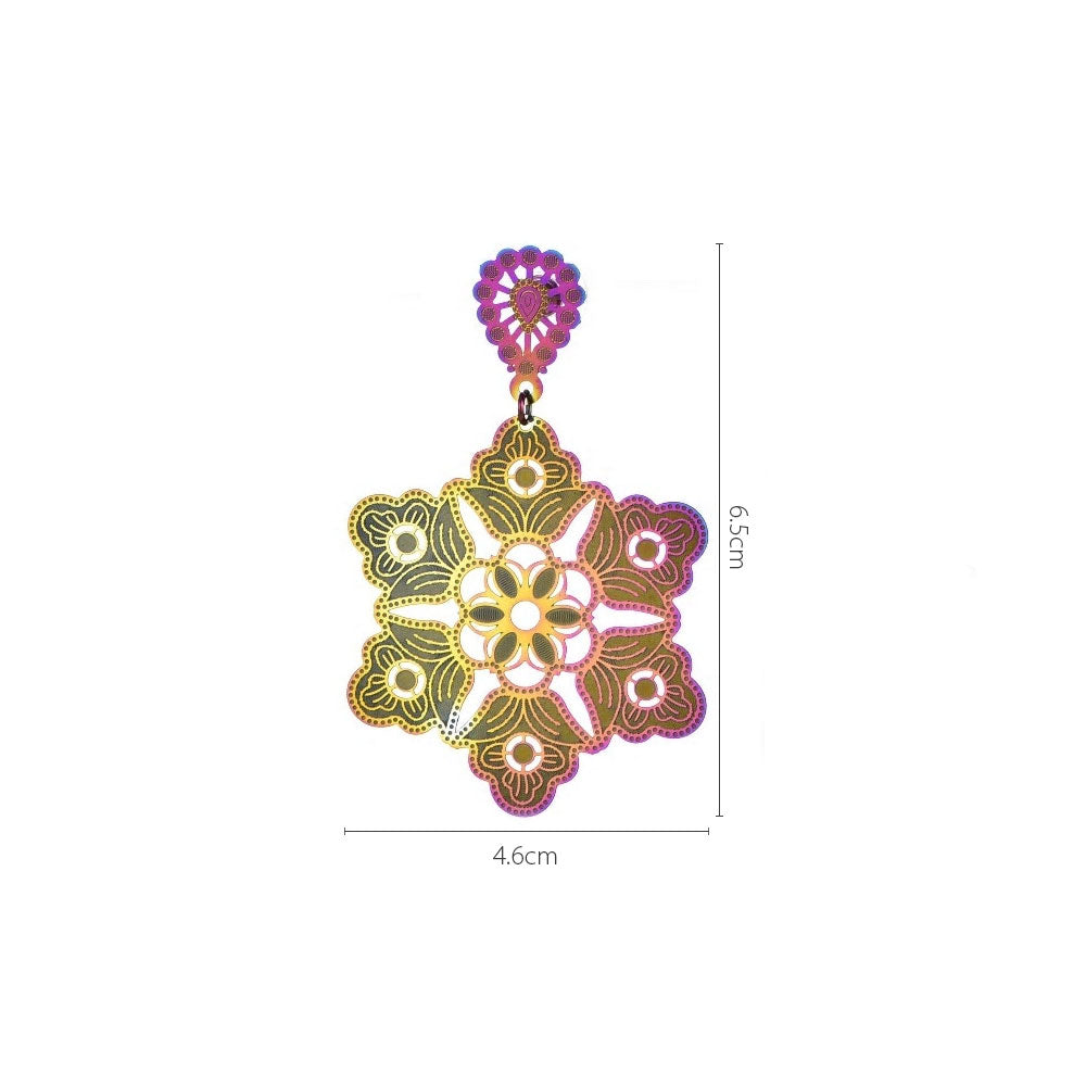 Stainless Steel Holographic Flowers Dangle Long Stud Earrings