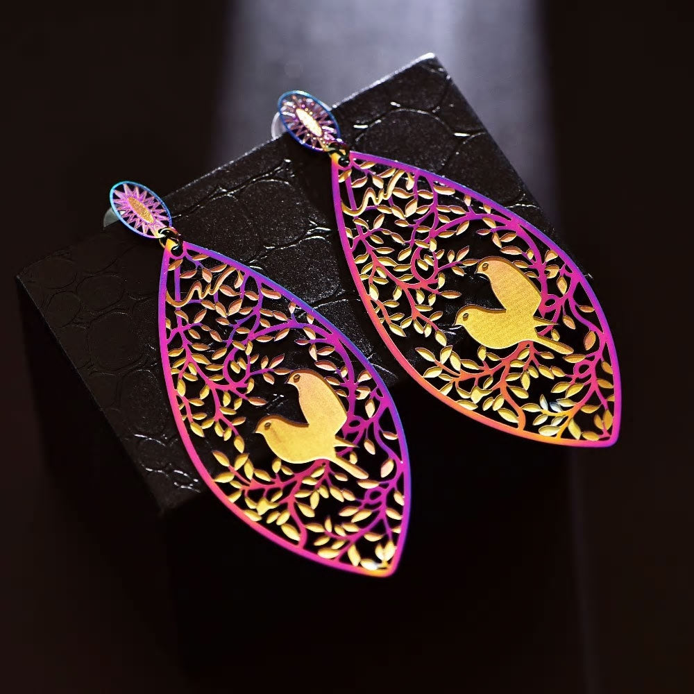 Stainless Steel Holographic Birds Dangle Long Stud Earrings