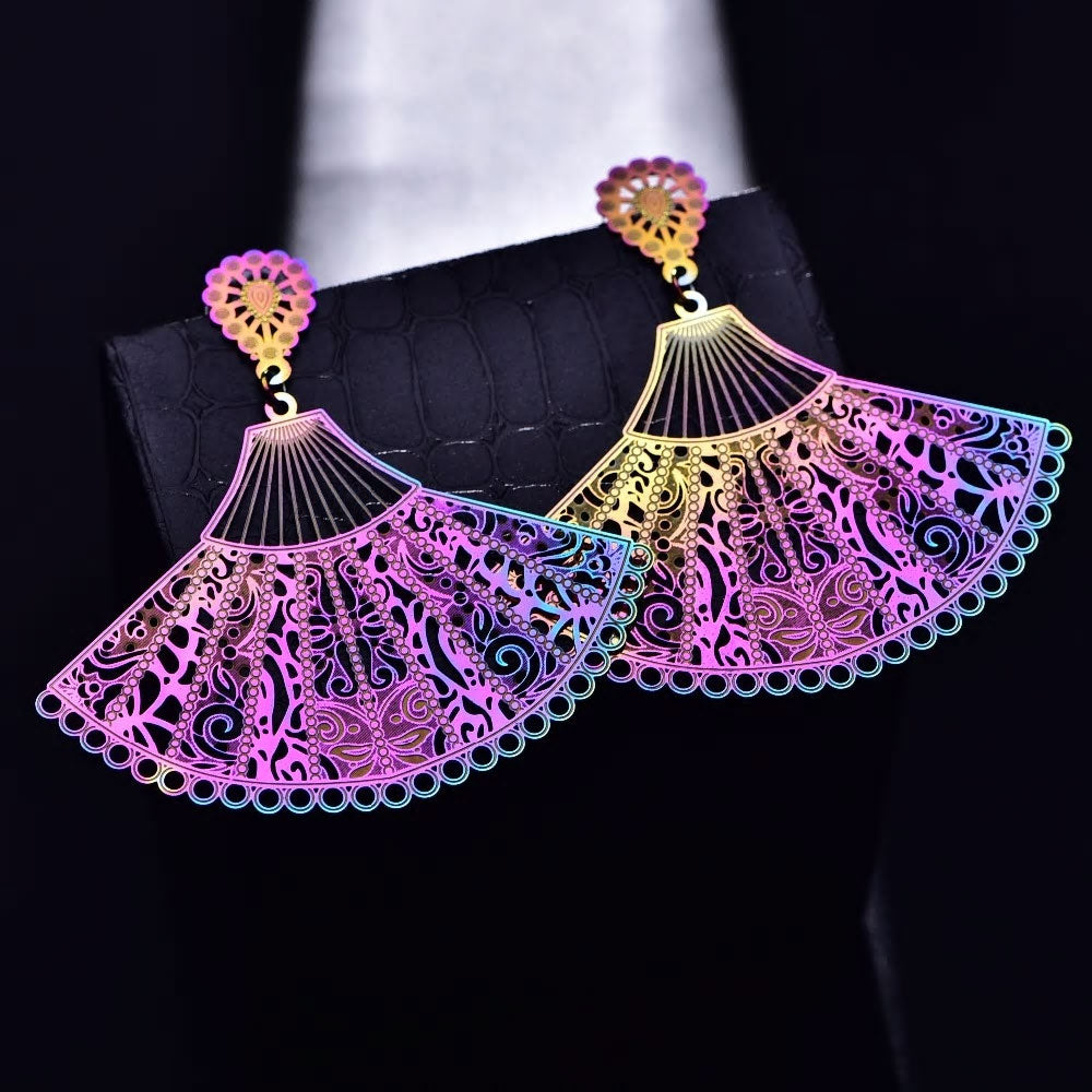 Stainless Steel Holographic Butterfly Dangle Long Stud Earrings