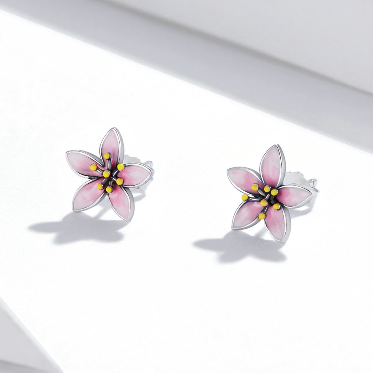 Sterling Silver Pink Cherry Blossom Stud Hypoallergenic Earrings