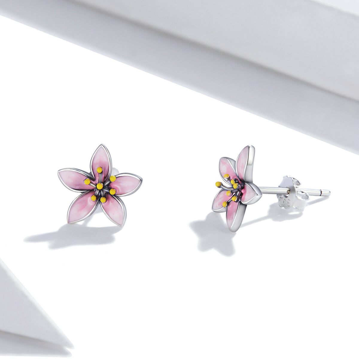 Sterling Silver Pink Cherry Blossom Stud Hypoallergenic Earrings