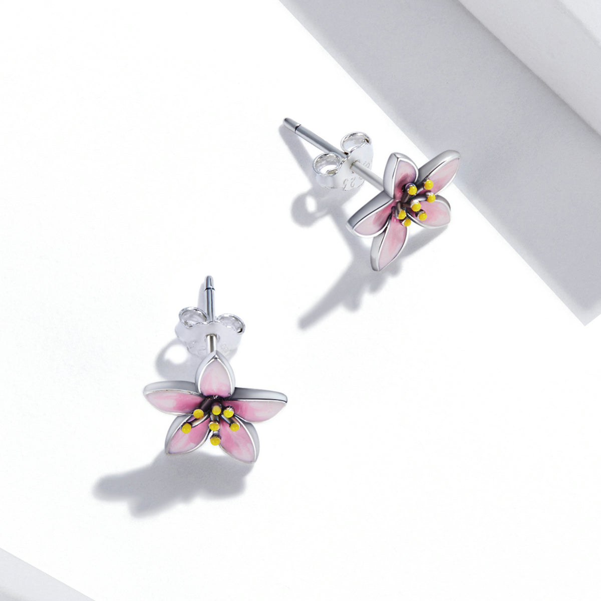 Sterling Silver Pink Cherry Blossom Stud Hypoallergenic Earrings