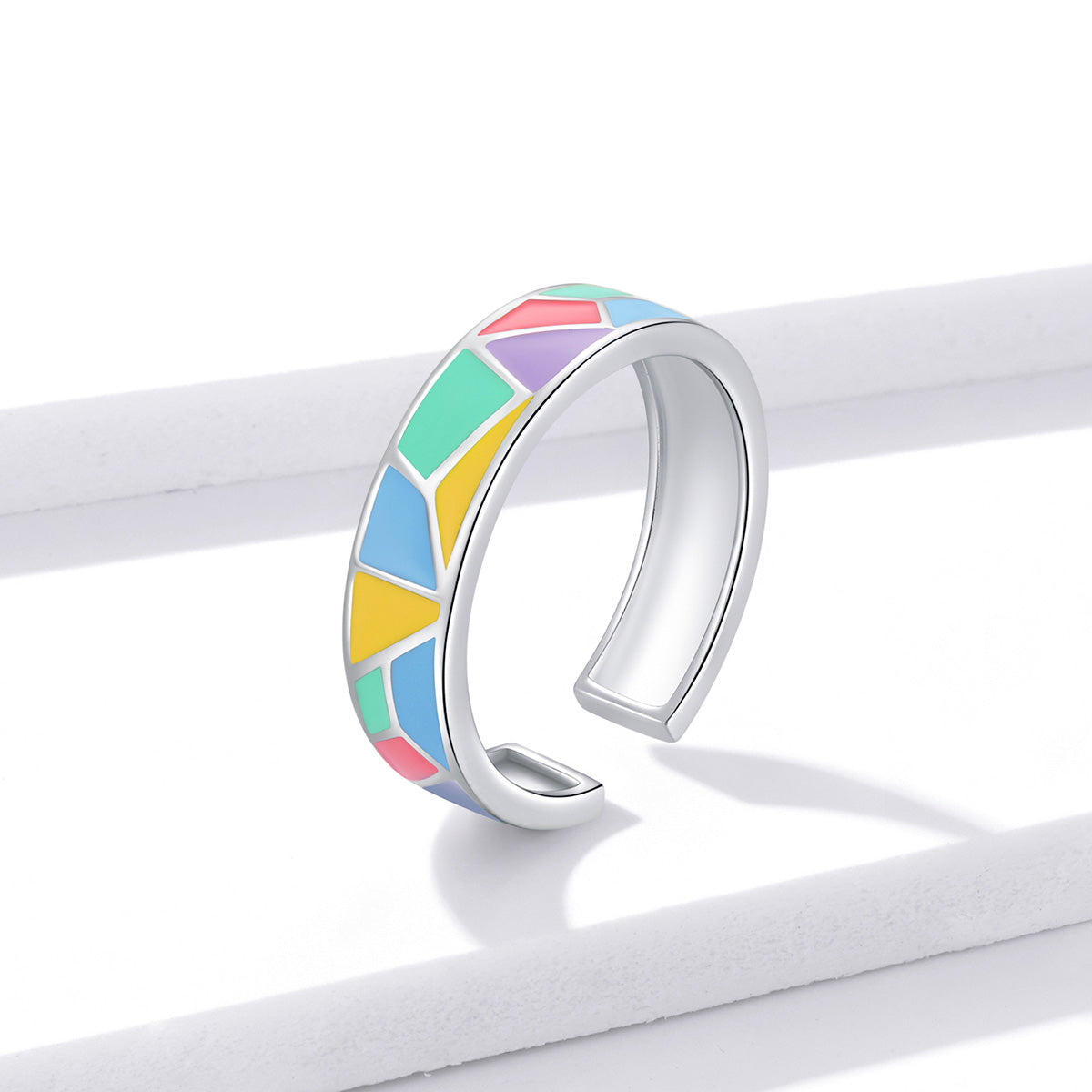Sterling Silver Colorful Mosaic Adjustable Hypoallergenic Ring
