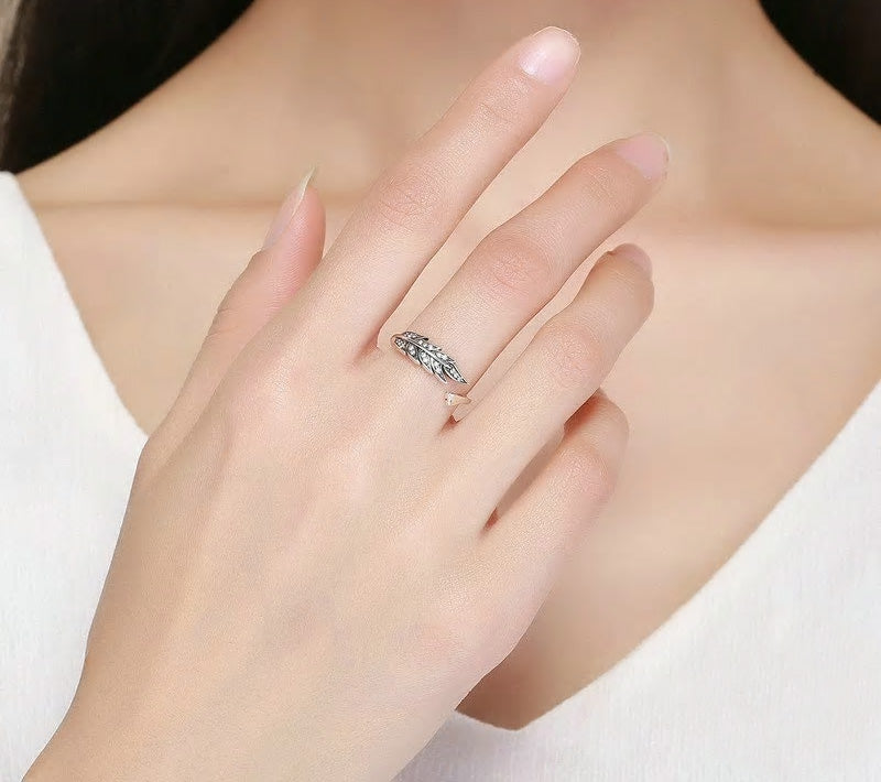 Sterling Silver Cubic Zirconia Feather Adjustable Hypoallergenic Ring