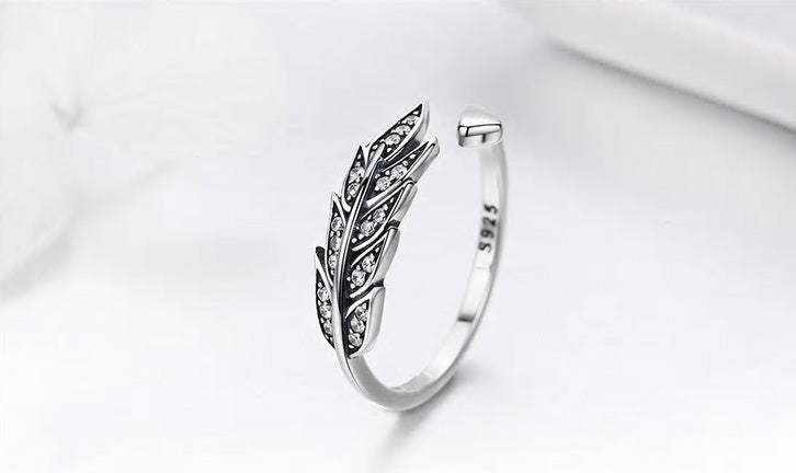 Sterling Silver Cubic Zirconia Feather Adjustable Hypoallergenic Ring