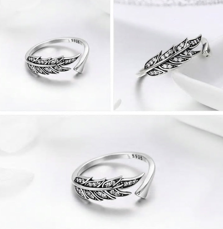 Sterling Silver Cubic Zirconia Feather Adjustable Hypoallergenic Ring