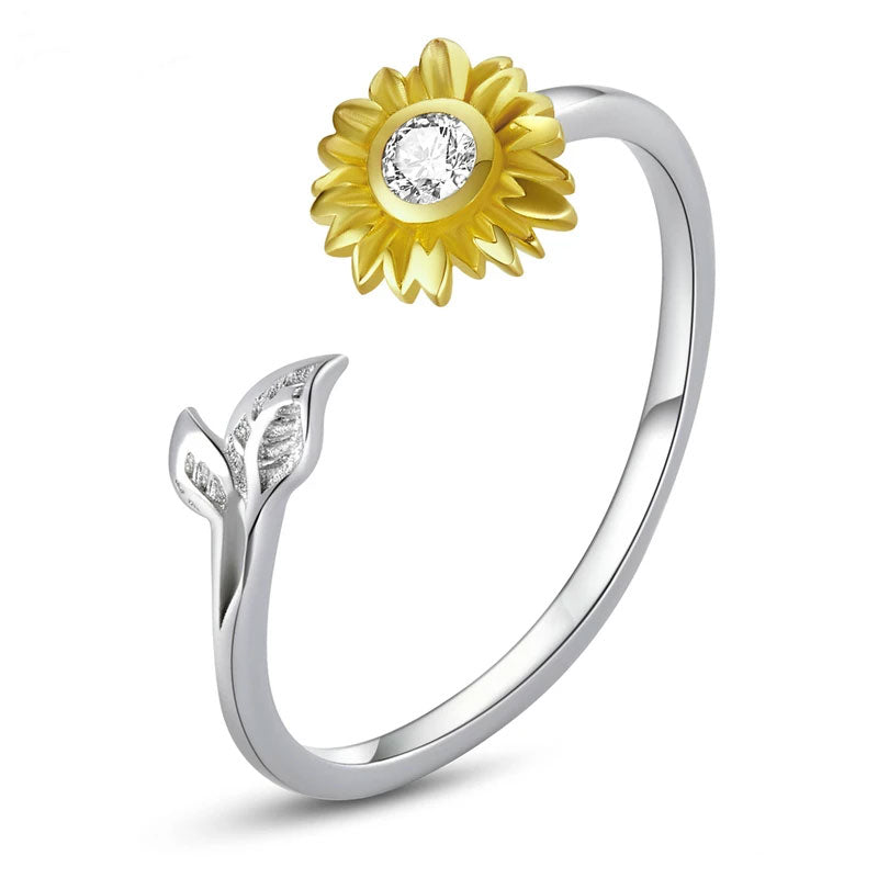 Sterling Silver Cubic Zirconia Sunflower Adjustable Hypoallergenic Ring