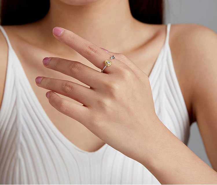 Sterling Silver Cubic Zirconia Sunflower Adjustable Hypoallergenic Ring