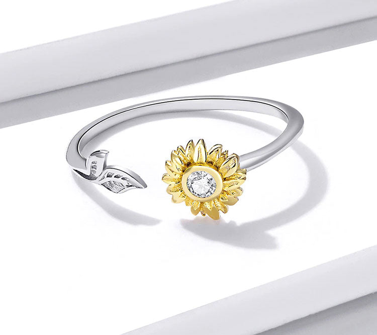 Sterling Silver Cubic Zirconia Sunflower Adjustable Hypoallergenic Ring