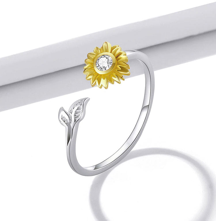 Sterling Silver Cubic Zirconia Sunflower Adjustable Hypoallergenic Ring