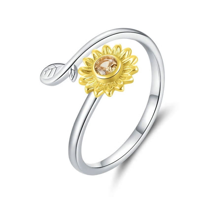Sterling Silver Cubic Zirconia Sunflower Adjustable Hypoallergenic Ring