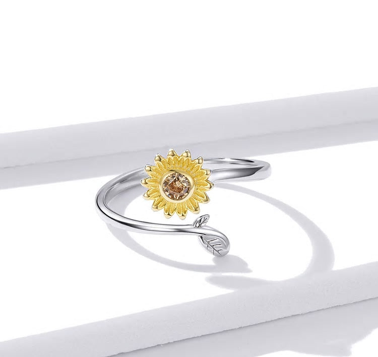 Sterling Silver Cubic Zirconia Sunflower Adjustable Hypoallergenic Ring