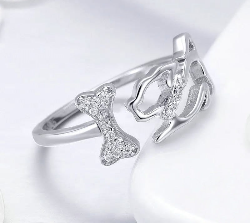 Sterling Silver Dog & Bone Adjustable Hypoallergenic Ring