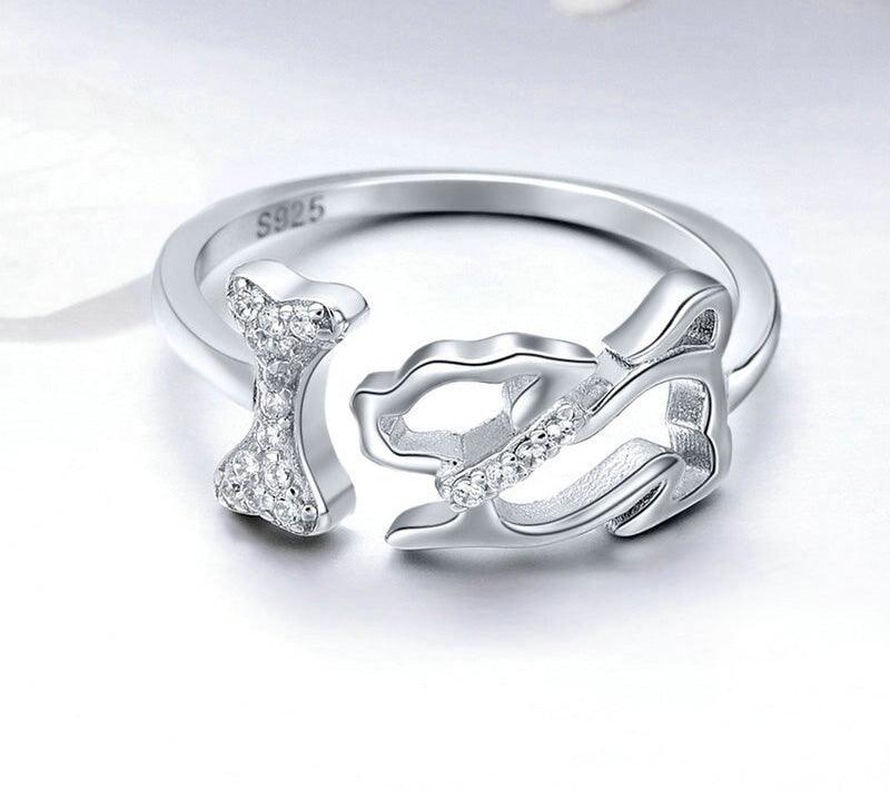 Sterling Silver Dog & Bone Adjustable Hypoallergenic Ring