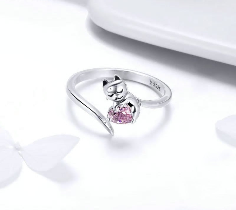 Sterling Silver Lovely Cat Adjustable Hypoallergenic Ring