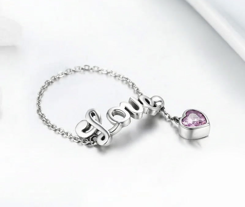 Sterling Silver Love Adjustable Chain Hypoallergenic Ring