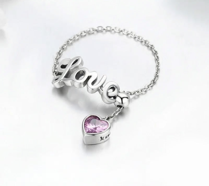 Sterling Silver Love Adjustable Chain Hypoallergenic Ring
