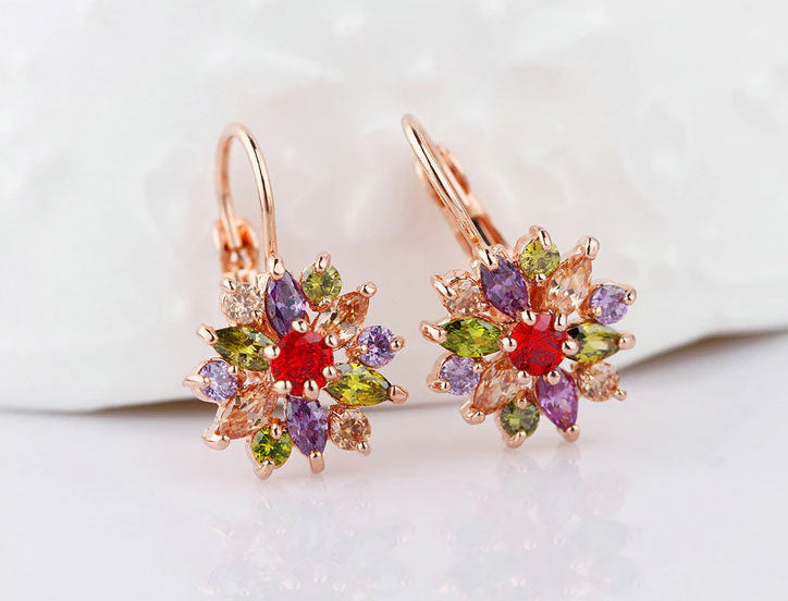 Copper Shining Flower Leverback Earrings