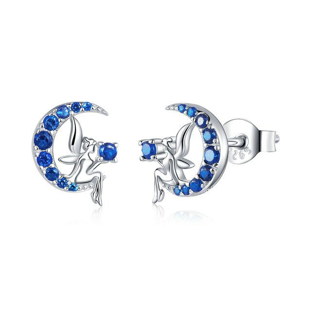 Sterling Silver Fairy On Moon Stud Hypoallergenic Earrings