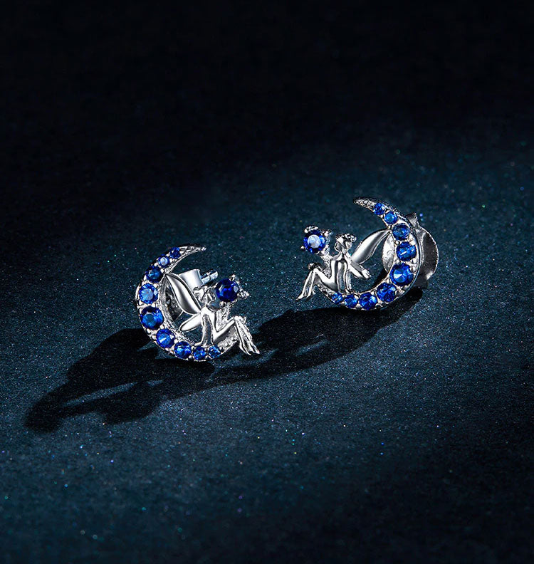 Sterling Silver Fairy On Moon Stud Hypoallergenic Earrings
