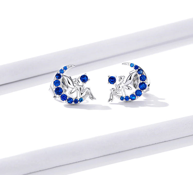 Sterling Silver Fairy On Moon Stud Hypoallergenic Earrings