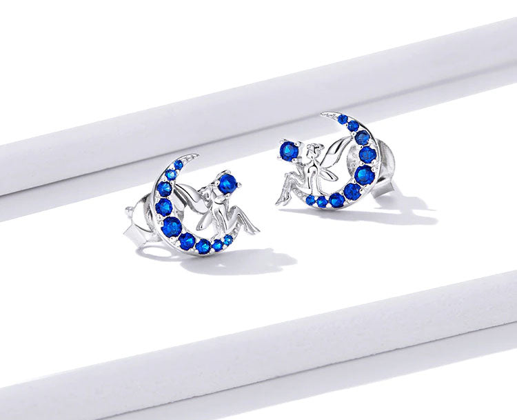 Sterling Silver Fairy On Moon Stud Hypoallergenic Earrings