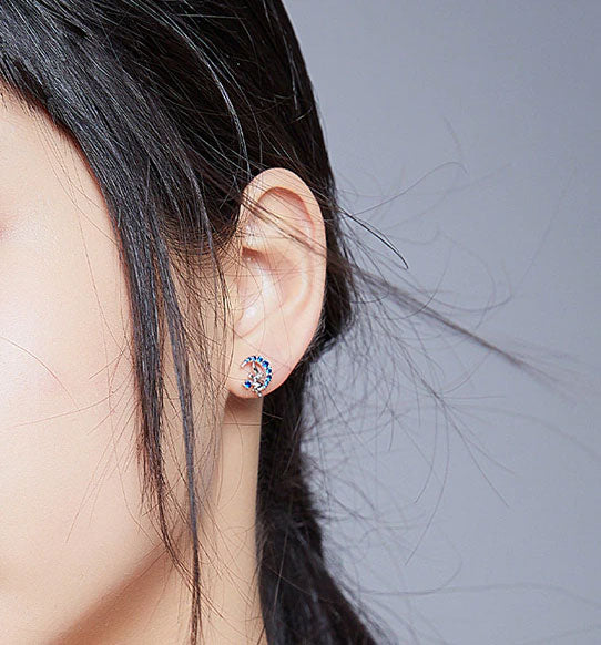 Sterling Silver Fairy On Moon Stud Hypoallergenic Earrings
