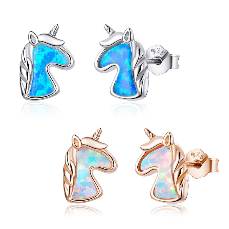 Sterling Silver Opal Unicorn Style Stud Hypoallergenic Earrings