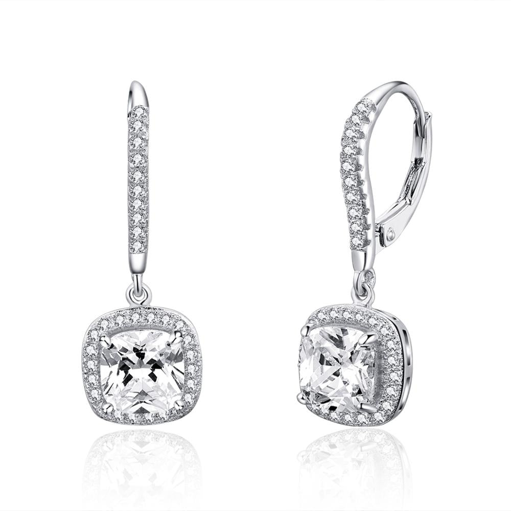 Sterling Silver White Cubic Zirconia Square Leverback Hypoallergenic Earrings