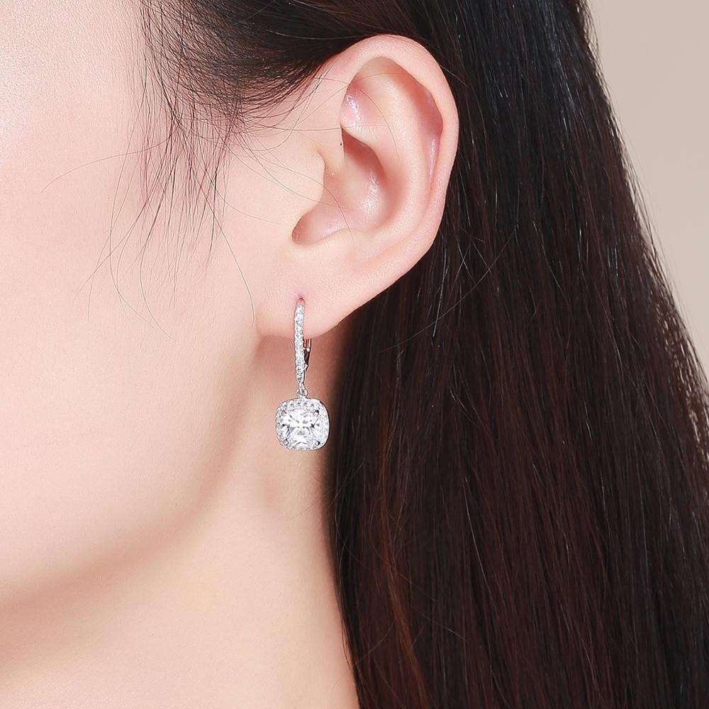 Sterling Silver White Cubic Zirconia Square Leverback Hypoallergenic Earrings
