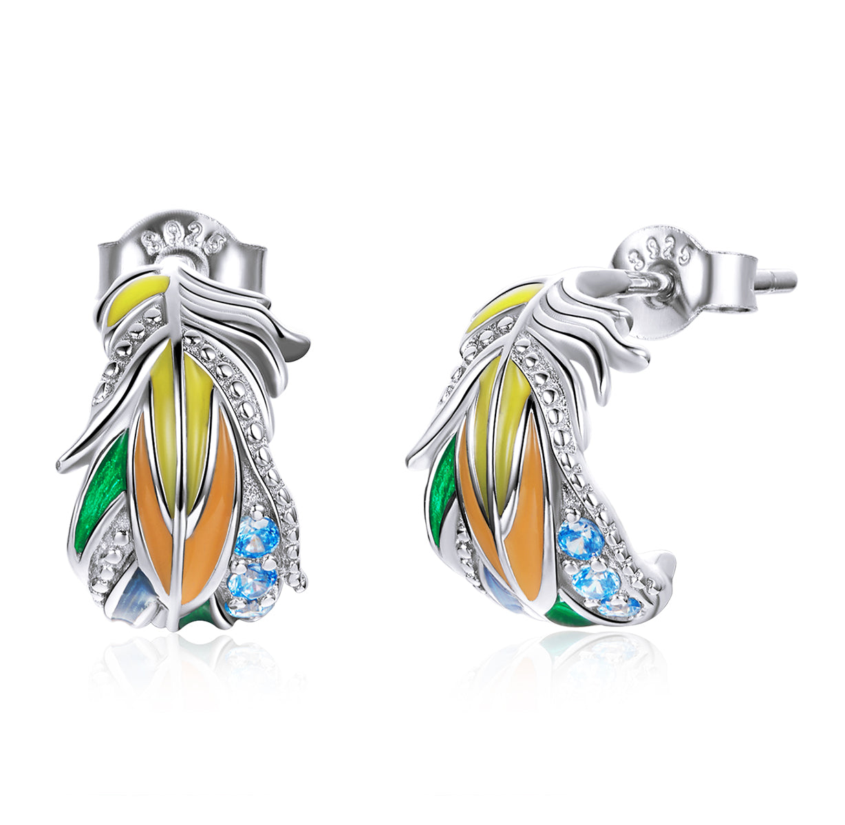 Sterling Silver Coloured Stylish Feathers Stud Hypoallergenic Earrings